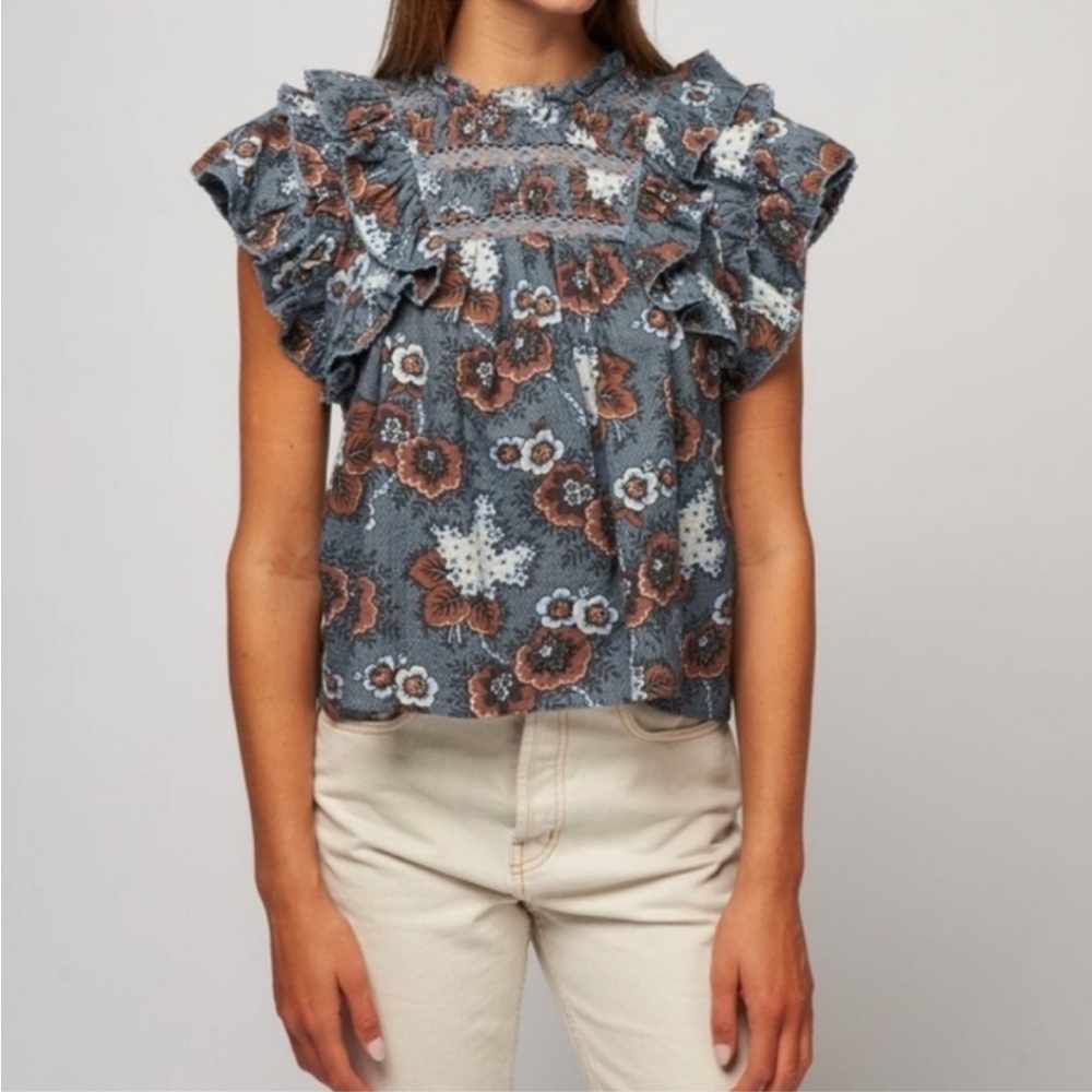 SEA Lucinda Seersucker Flutter Sleeve Top Size XS